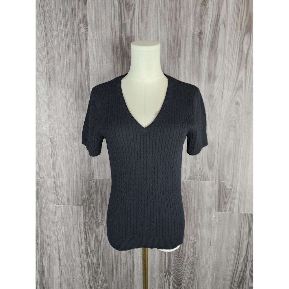 Evie Womens Black Cable Knit V-Neck Short Sleeve Sweater Size M